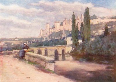 Chinon z nábřeží (barevná litografie) od Amy B. Atkinson