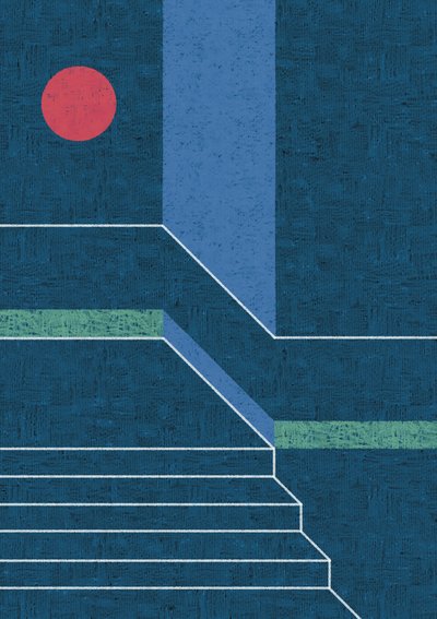 Červený kruh, modré schody od Amy Louise Baker