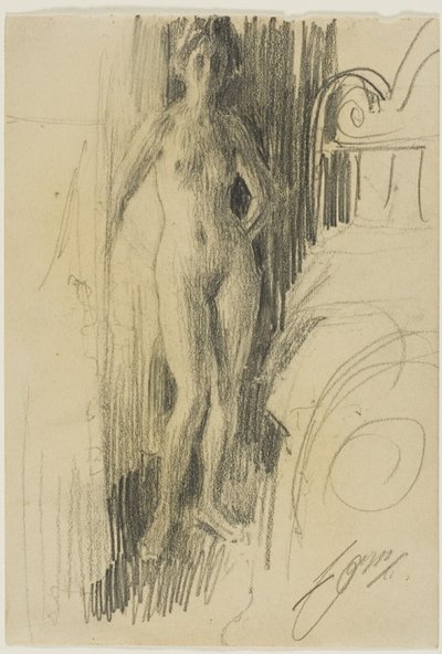 Nahá postava stojící poblíž postele od Anders Leonard Zorn
