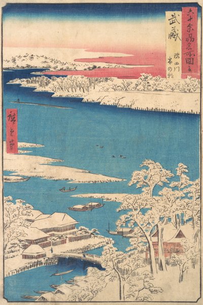 Ráno po sněžení, řeka Sumida, provincie Musashi, ze série Pohledy o..., ca. 1853. od Ando Hiroshige
