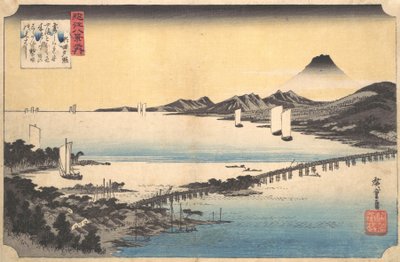 Západ slunce v Seta Seta sekisho, ze série Osm pohledů na provincii Omi Omi ha..., 1834-35. od Ando Hiroshige