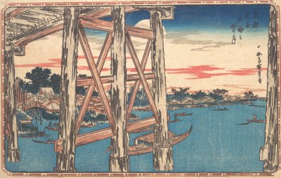 Soumrak na mostě Rjogoku. od Ando Hiroshige