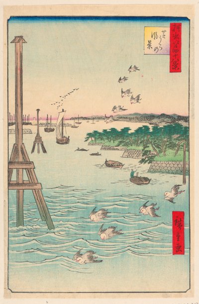 Pohled na pobřeží Shiba (Shibaura no fukei) ze série Sto slavných pohledů na Edo od Ando Hiroshige