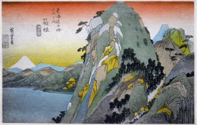 Geografie. Japonsko. Jezero Hakone (10. stanice). Dřevoryt od Hirošigeho v: Tokaido (1833-1834). Pohlednice, Japonsko, kolem roku 1900 (pohlednice) od Ando or Utagawa (after) Hiroshige
