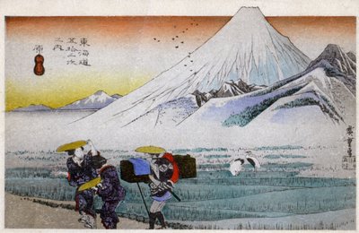 Geografie. Japonsko. Hara, Mount Fuji in the Morning (13. stanice). Dřevoryt od Hirošigeho v: Tokaido (1833-1834). Pohlednice, Japonsko, kolem roku 1900 (pohlednice) od Ando or Utagawa (after) Hiroshige