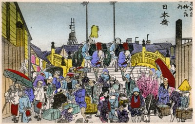 Geografie. Japonsko. Ranní záře na stanici Nihonbaši (1. stanice). Dřevoryt od Hirošigeho v: Tokaido (1833-1834). Pohlednice, Japonsko, kolem roku 1900 (pohlednice) od Ando or Utagawa (after) Hiroshige