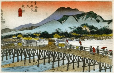 Geografie. Ranní záře na stanici Nihonbaši (55. stanice). Dřevoryt od Hirošigeho v: Tokaido (1833-1834). Pohlednice, Japonsko, kolem roku 1900 (pohlednice) od Ando or Utagawa (after) Hiroshige