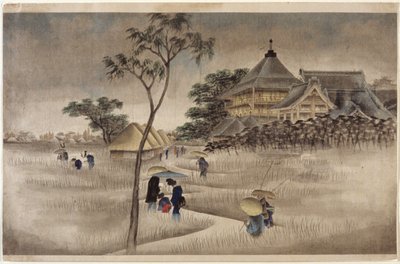 (Velká budova s chatami níže) (Stejné jako 17.218) od Ando or Utagawa Hiroshige