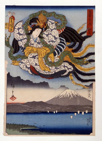 Amaterasu, bohyně Slunce na hoře Fudži od Ando or Utagawa Hiroshige