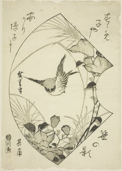 Podzimní květ a vrabec, asi 1835 (dřevoryt; koban) od Ando or Utagawa Hiroshige