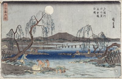 Chytání ryb za měsíčního svitu na řece Tama, ze série „Sníh, měsíc a květiny“ („Settsu Gekka“) (dřevotisk) od Ando or Utagawa Hiroshige