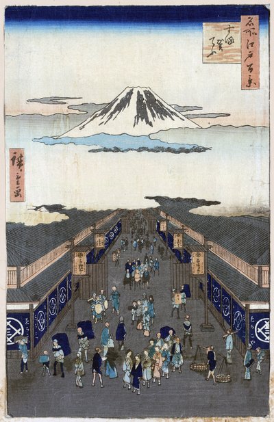 "Sto slavných pohledů na Edo"" (současné Tokio): Pohled na Surugacho (Suruga cho, Suruga-cho). Pohled na město Tokio v Japonsku s horou Fuji v pozadí. (Surugacho (Sto slavných pohledů na Edo). Japonský tisk od Utagawy Hiroshige (1797-1858) od Ando or Utagawa Hiroshige
