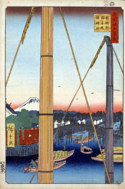 "Sto slavných pohledů na Edo"" (dnešní Tokio): Most Inari a chrám Minato v Teppozu. Pohled na město Tokio v Japonsku s horou Fuji v pozadí. (Přístavní svatyně a most Inari v Teppozu (Sto slavných pohledů na Edo). Japonsko tisk od Ando or Utagawa Hiroshige
