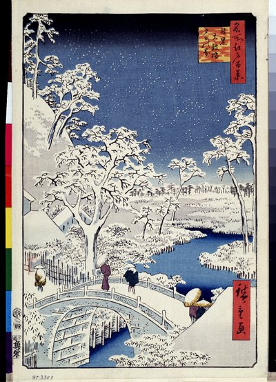 ""Sto slavných pohledů na Edo"": ""Mount Yuhi Hill a most Meguro"". Krajina se sněhovými vločkami. (Yuhi Hill a Drum Bridge v Meguro (Sto slavných pohledů na Edo) Japonský tisk Utagawa Hiroshige (1797-1858) 1856-1858 Erm Museum od Ando or Utagawa Hiroshige
