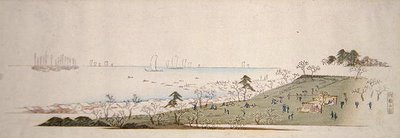 Čas třešňových květů, piknikování lidí v Gotenyamě (barevný dřevořez) od Ando or Utagawa Hiroshige