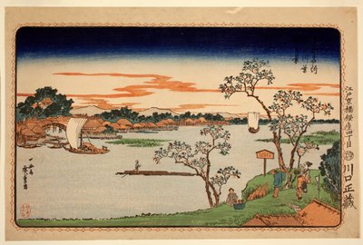 Cherry Trees in Leaf Beside the Sumida River, ze série Slavná místa ve východním hlavním městě, kolem roku 1831 (barevný dřevotisk) od Ando or Utagawa Hiroshige