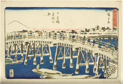 Jasné ráno po sněžení na mostě Nihonbashi (Nihonbashi yukibare no asa) (barevný dřevěný tisk) od Ando or Utagawa Hiroshige