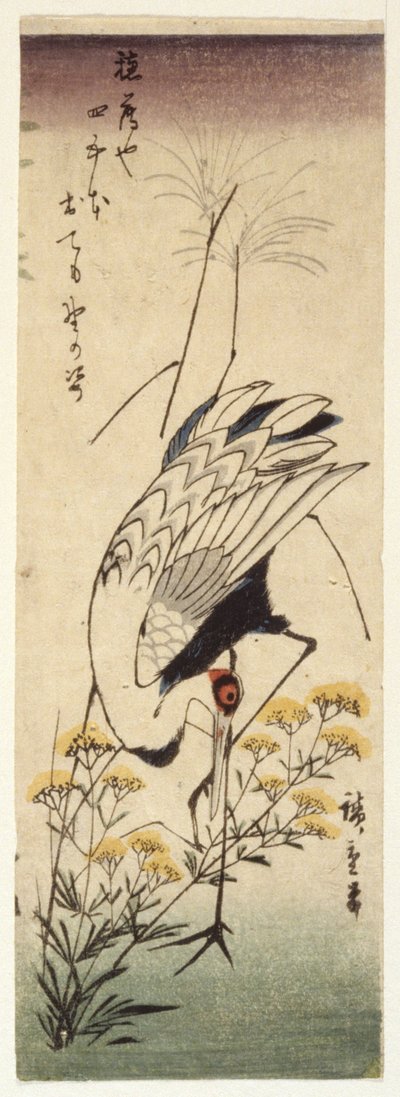 Jeřáb s divokou hořčicí (barevný dřevotisk) od Ando or Utagawa Hiroshige