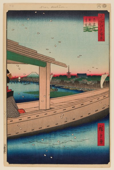 Pohled z dálky na chrám Kinrjúzan a most Azuma (Azumabaši Kinrjúzan Enbo) od Ando or Utagawa Hiroshige