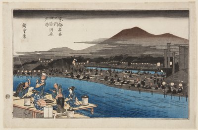 Užíváte si večerní pohodu na korytě řeky v Shin? (Shin?-gawara y?suzumi) (barevný dřevotisk) od Ando or Utagawa Hiroshige