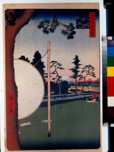 Japonský tisk: Dostihová dráha v Takata (Tokio, Japonsko). Série 100 slavných pohledů na Eda. (Koňská dráha v Takata, Sto slavných pohledů na Edo). Dílo Utagawy Hiroshige (1797-1858), dřevoryt (39x26 cm) od Ando or Utagawa Hiroshige