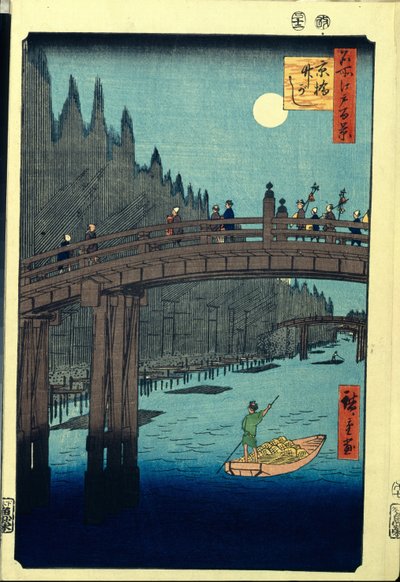 Japonský dřevotisk: Bamboo Wharf u mostu Kyobashi (Tokio, Japonsko). Série 100 slavných pohledů na Eda. (Bamboo Quay u mostu Kyobashi, Sto slavných pohledů na Edo). Dílo Utagawy Hiroshige (1797-1858), dřevoryt (39x26 cm) od Ando or Utagawa Hiroshige