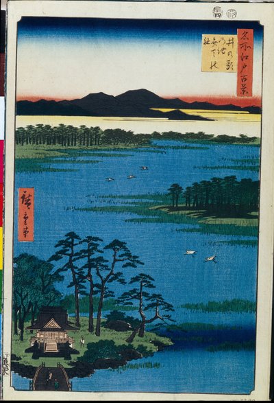 Japonský dřevotisk: Svatyně Benten na břehu jezera Inokashira (Tokio, Japonsko) Série sto slavných pohledů na Edo (Svatyně Benten u rybníka Inokashira, Sto slavných pohledů na Edo) – dílo Utagawy Hiroshige (1797-1858) , dřevoryt (39x26 cm od Ando or Utagawa Hiroshige