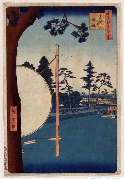 Japonský tisk: Hipodrom v Takata (Tokio, Japonsko). (Seriál 100 slavných pohledů na Eda). (Koňská dráha v Takata. Sto slavných pohledů na Edo). Dílo Utagawy Hiroshige (1797-1858), dřevoryt od Ando or Utagawa Hiroshige