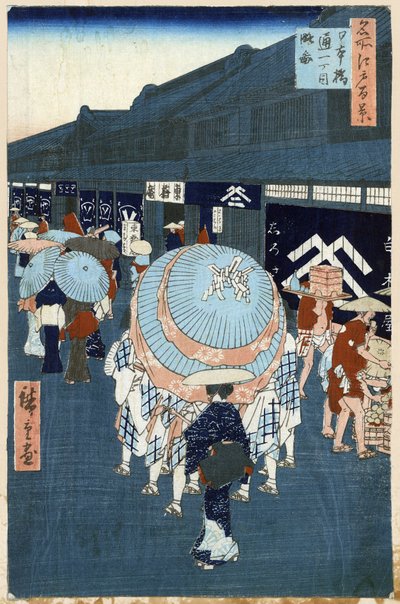 Japonský dřevotisk: Pohled na hlavní ulici Nihonbashidori (Tokio, Japonsko). Série 100 slavných pohledů na Eda. (Pohled na První ulici na Nihonbashidori. Sto slavných pohledů na Edo). Dílo Utagawy Hiroshige (1797-1858), dřevoryt od Ando or Utagawa Hiroshige