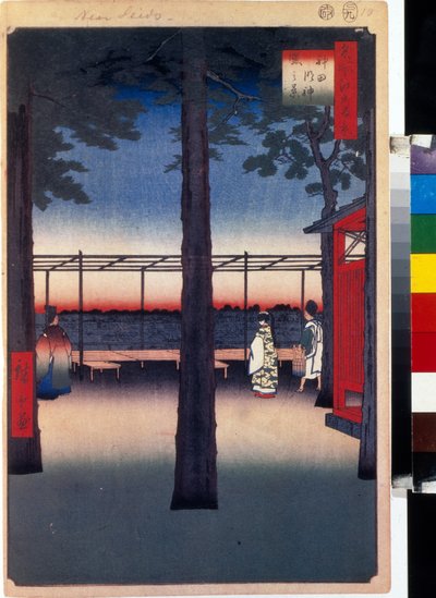 Japonský dřevotisk: svítání v chrámu Kanda Myojin (Tokio, Japonsko). Série 100 slavných pohledů na Eda. (Úsvit ve svatyni Kanda Myojin, Sto slavných pohledů na Edo). Dílo Utagawy Hiroshige (1797-1858), dřevoryt (39x26 cm) od Ando or Utagawa Hiroshige
