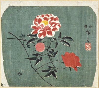 Fan Print: Rose od Ando or Utagawa Hiroshige
