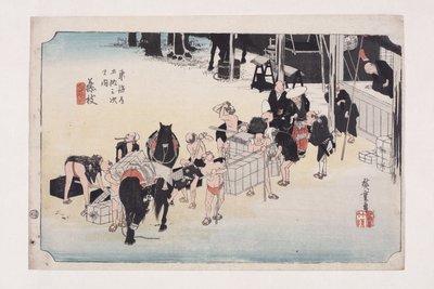 Fujieda: Changing Porters and Horses (Fujieda, jinba tsugitate) (barevný dřevěný tisk) od Ando or Utagawa Hiroshige
