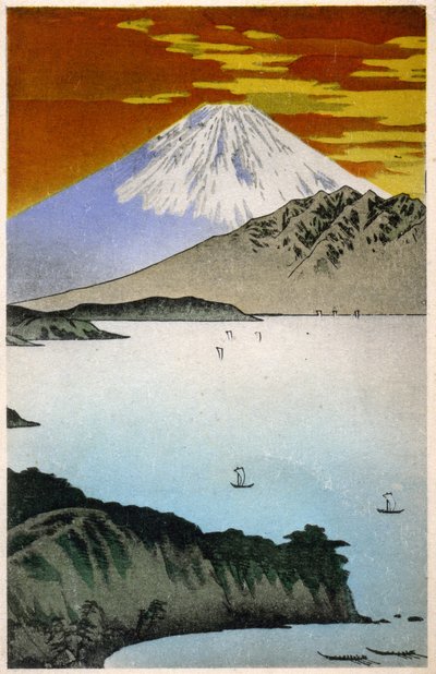 Zeměpis. Japonsko. Východ slunce na hoře Fuji. Dřevoryt od Hiroshige v: Padesát tři zastávek Tokaida (1833-1834). Pohlednice, Japonsko, cca 1900 (pohlednice) od Ando or Utagawa Hiroshige
