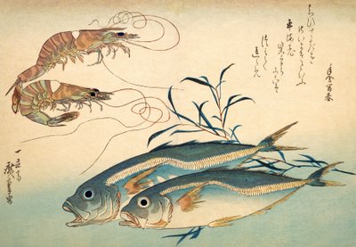 Japonský kranas a japonská tygří kreveta (barevný dřevotisk) od Ando or Utagawa Hiroshige