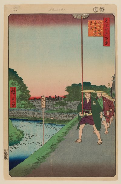 Kopec Kinokuni a vzdálený pohled na Akasaku Tameike od Ando or Utagawa Hiroshige