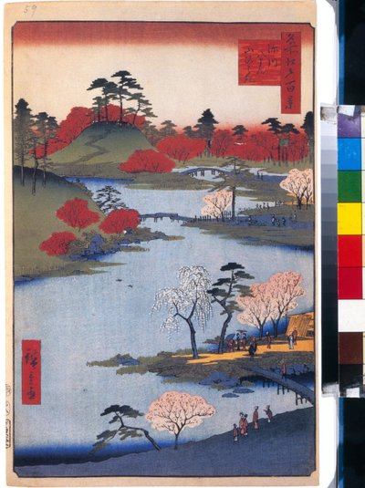 Le jardin du temple Hachiman a Fukagawa (cent vues celebres de Edo) - Oeuvre de Utagawa Hiroshige (1797-1858), estampe japonaise, vers 1858 - (Otevřená zahrada u svatyně Hachiman ve Fukagawě (Sto slavných pohledů na Edo), Barevné pohledy na Edo dřevoryt od od Ando or Utagawa Hiroshige