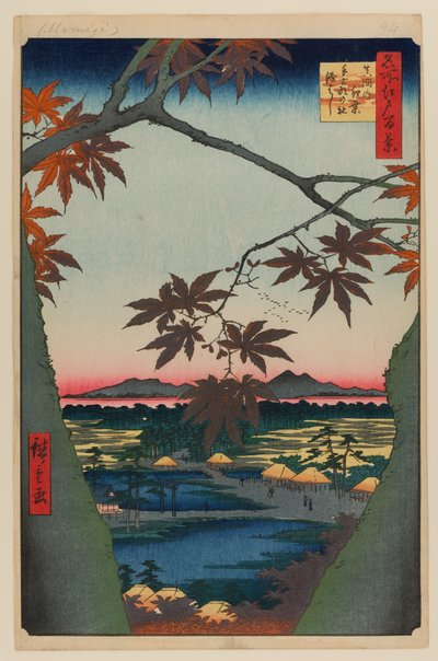 Javory u maminky, svatyně Tekona a propojený most od Ando or Utagawa Hiroshige