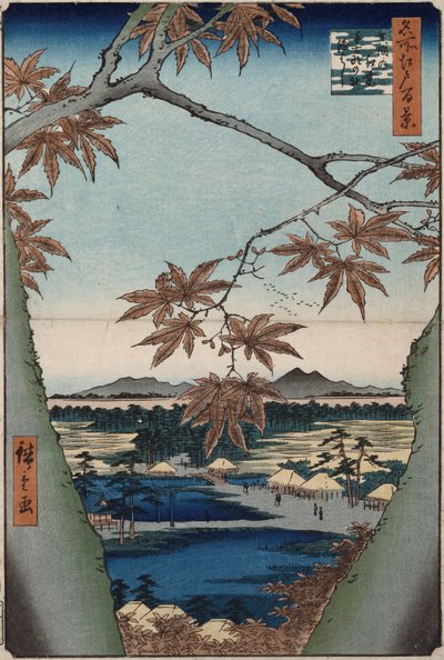 Javorové listy a svatyně Tekona a most u mámy ze série „Sto pohledů na známá místa v Edu“ od Ando or Utagawa Hiroshige