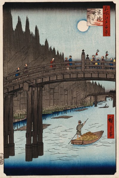 „Moon Viewing Pine, Ueno“ ze „Sto pohledů na známá místa v Edo“ od Ando or Utagawa Hiroshige