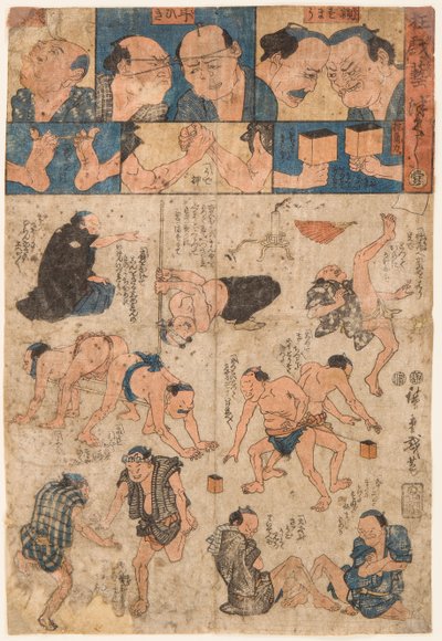 Tréninkové pohyby sumo zápasníků. Tisk Utagawa Hiroshige (1797-1858) od Ando or Utagawa Hiroshige