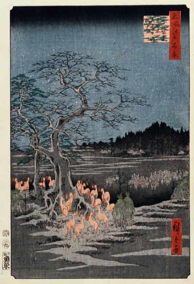 Silvestrovské lišky u kopřivového stromu, Oji, ze série „Sto slavných pohledů na Edo od Ando or Utagawa Hiroshige