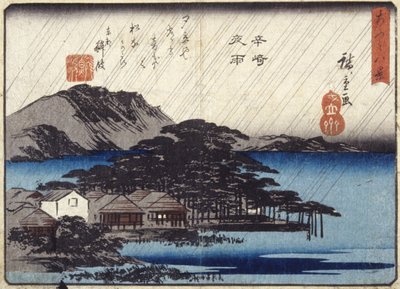 Night Rain At Karasaki (barevný dřevořez) od Ando or Utagawa Hiroshige