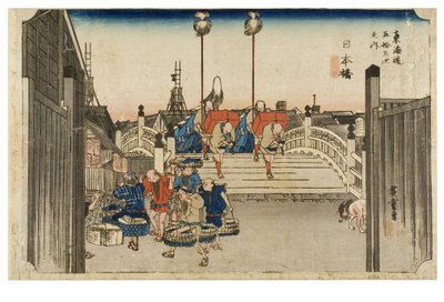 Nihonbashi: Ranní pohled ze série Padesát tři stanic Tokaida, kolem 1831-1834 (dřevořez na papíře) od Ando or Utagawa Hiroshige