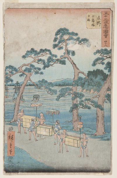 č. 46, Shōno: Ancient Remains at Shiratori Mound (Sh?no, Shiratorizuka koseki) (barevný dřevotisk) od Ando or Utagawa Hiroshige