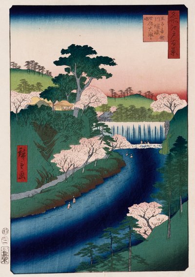 Přehrada řeky Otonashi, Oji, lidově nazývaná Velký vodopád, ze série „Sto pohledů na známá místa v Edu“ od Ando or Utagawa Hiroshige
