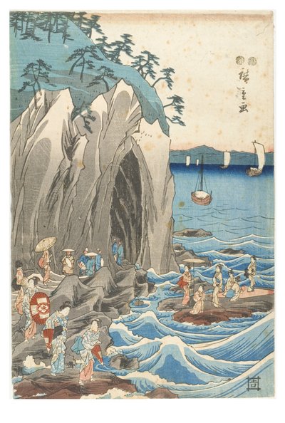Pouť k výstavě sochy Benzaiten v hlavní svatyni Iwaya v Enošimě v provincii Sagami, kolem 1847-1852 (dřevotisk na papíře) od Ando or Utagawa Hiroshige