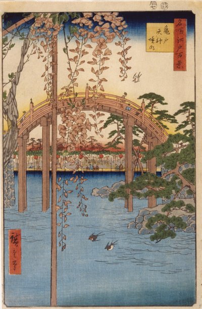 Areál svatyně Tenjin v Kameido (barevný dřevořez) od Ando or Utagawa Hiroshige