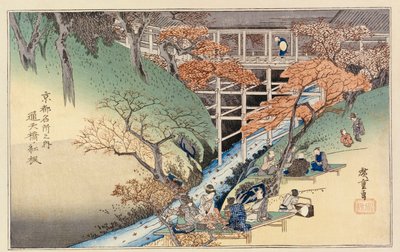 Červené javorové listy na mostě Tsuten, ze série "Slavná místa Kjóta" od Ando or Utagawa Hiroshige