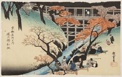 Red Maple Trees at Ts?tenky? Bridge (Ts?tenky? no momiji) (barevný dřevořez) od Ando or Utagawa Hiroshige