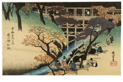 Červené javory u mostu Tsutenkyo ze série Slavná místa v Kjótu, asi 1833-1835 (dřevoryt na papíře) od Ando or Utagawa Hiroshige